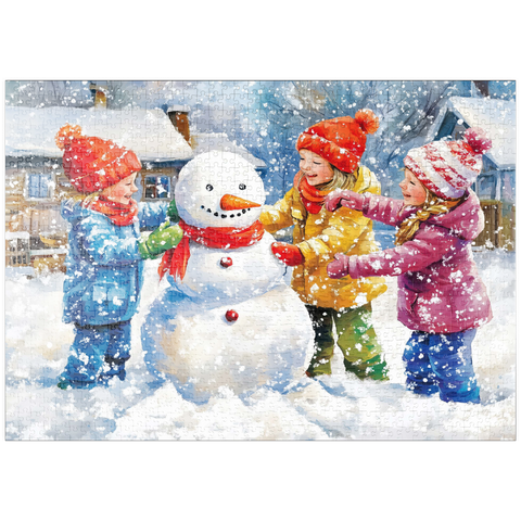 Darstellung des Puzzle Motivs Kinder dekorieren Schneemann im verschneiten Hinterhof puzzleplate Kids Decorating Snowman in Snowy Backyard 1000 Puzzle