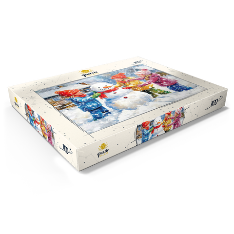 Darstellung des Puzzle Motivs Kinder dekorieren Schneemann im verschneiten Hinterhof Kids Decorating Snowman in Snowy Backyard 100 Puzzle Schachtel Ansicht1