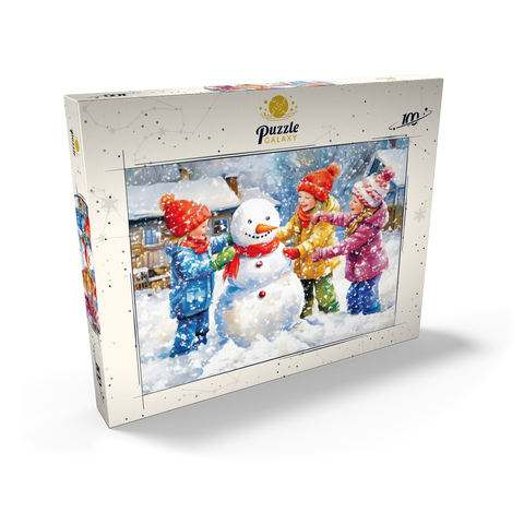 Darstellung des Puzzle Motivs Kinder dekorieren Schneemann im verschneiten Hinterhof Kids Decorating Snowman in Snowy Backyard 100 Puzzle Schachtel Ansicht2