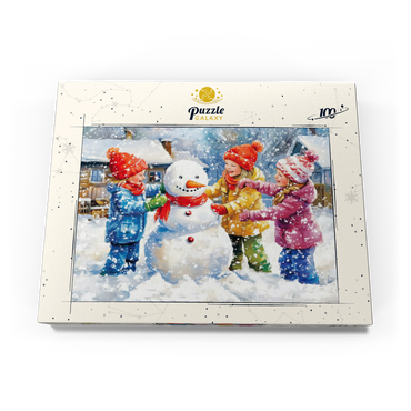 Darstellung des Puzzle Motivs Kids Decorating Snowman in Snowy Backyard 100 Puzzle Schachtel Ansicht3
