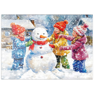 Darstellung des Puzzle Motivs puzzleplate Kids Decorating Snowman in Snowy Backyard 100 Puzzle
