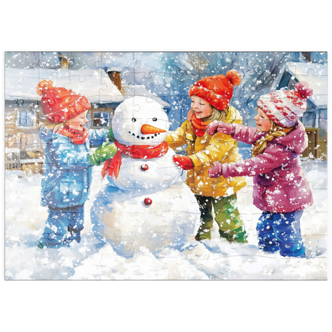 Darstellung des Puzzle Motivs Kinder dekorieren Schneemann im verschneiten Hinterhof puzzleplate Kids Decorating Snowman in Snowy Backyard 100 Puzzle