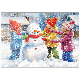 Darstellung des Puzzle Motivs Kinder dekorieren Schneemann im verschneiten Hinterhof - Puzzleteile: 100