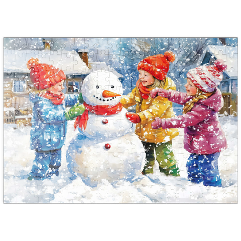 Darstellung des Puzzle Motivs Kinder dekorieren Schneemann im verschneiten Hinterhof puzzleplate Kids Decorating Snowman in Snowy Backyard 200 Puzzle