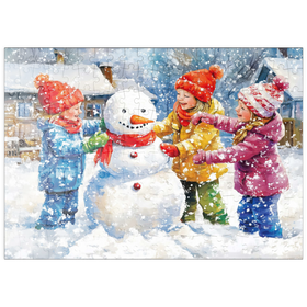 Darstellung des Puzzle Motivs Kinder dekorieren Schneemann im verschneiten Hinterhof - Puzzleteile: 200