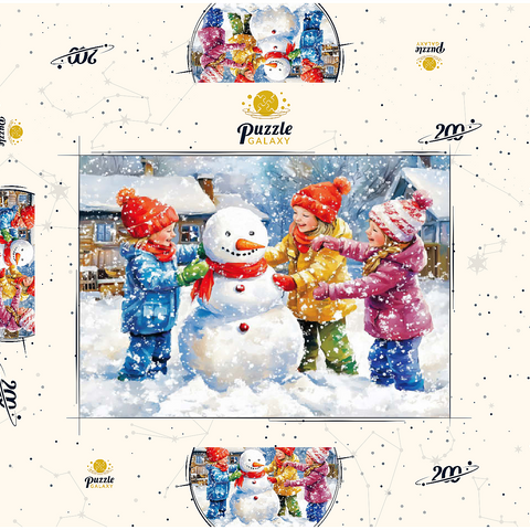 Darstellung des Puzzle Motivs Kinder dekorieren Schneemann im verschneiten Hinterhof Kids Decorating Snowman in Snowy Backyard 200 Puzzle Schachtel 3D Modell