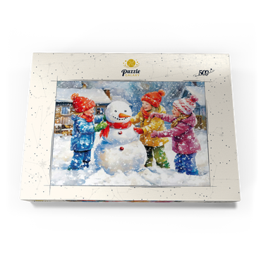 Darstellung des Puzzle Motivs Kids Decorating Snowman in Snowy Backyard 500 Puzzle Schachtel Ansicht3