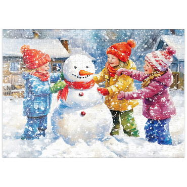 Darstellung des Puzzle Motivs puzzleplate Kids Decorating Snowman in Snowy Backyard 500 Puzzle