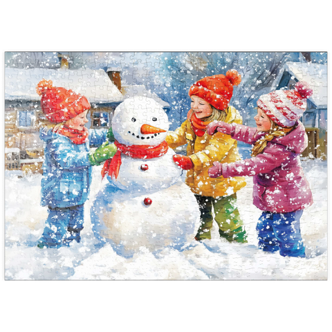 Darstellung des Puzzle Motivs Kinder dekorieren Schneemann im verschneiten Hinterhof puzzleplate Kids Decorating Snowman in Snowy Backyard 500 Puzzle