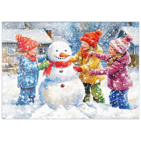 Darstellung des Puzzle Motivs Kinder dekorieren Schneemann im verschneiten Hinterhof - Puzzleteile: 500