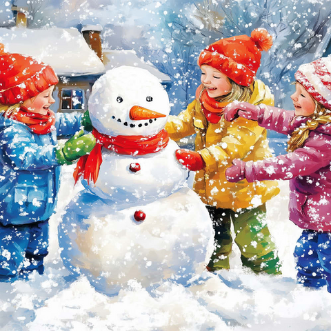 Darstellung des Puzzle Motivs Kinder dekorieren Schneemann im verschneiten Hinterhof Kids Decorating Snowman in Snowy Backyard 500 Puzzle 3D Modell