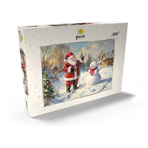 Darstellung des Puzzle Motivs Weihnachtsmann und Schneemann in Winterszenerie Santa Claus and Snowman in Winter Scene 1000 Puzzle Schachtel Ansicht2