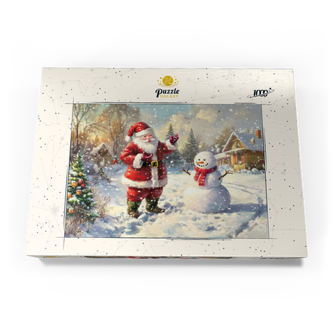 Darstellung des Puzzle Motivs Weihnachtsmann und Schneemann in Winterszenerie Santa Claus and Snowman in Winter Scene 1000 Puzzle Schachtel Ansicht3