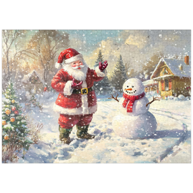 Darstellung des Puzzle-Motivs Weihnachtsmann und Schneemann in Winterszenerie – Puzzleteile: 1000