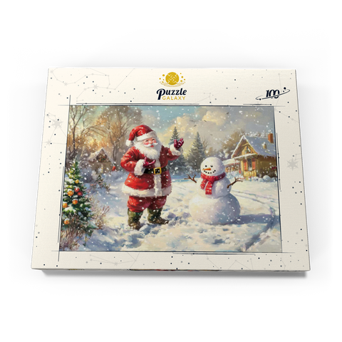 Darstellung des Puzzle Motivs Weihnachtsmann und Schneemann in Winterszenerie Santa Claus and Snowman in Winter Scene 100 Puzzle Schachtel Ansicht3