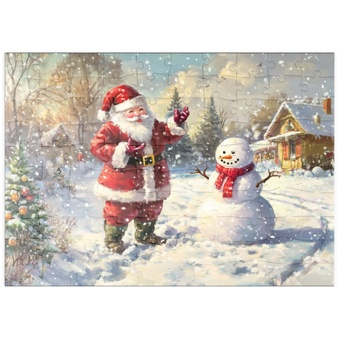 Darstellung des Puzzle Motivs Weihnachtsmann und Schneemann in Winterszenerie puzzleplate Santa Claus and Snowman in Winter Scene 100 Puzzle