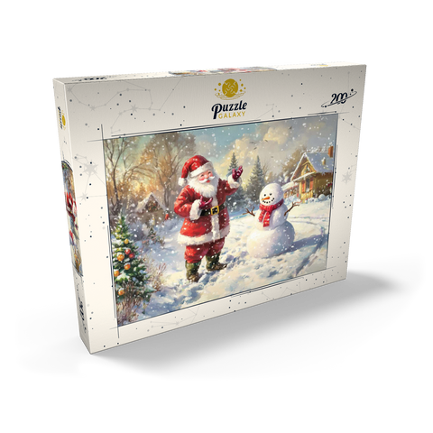 Darstellung des Puzzle Motivs Weihnachtsmann und Schneemann in Winterszenerie Santa Claus and Snowman in Winter Scene 200 Puzzle Schachtel Ansicht2