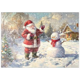 Darstellung des Puzzle-Motivs Weihnachtsmann und Schneemann in Winterszenerie – Puzzleteile: 200