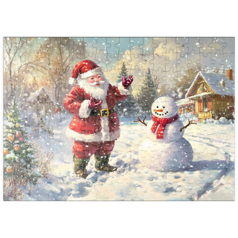 Darstellung des Puzzle Motivs Weihnachtsmann und Schneemann in Winterszenerie puzzleplate Santa Claus and Snowman in Winter Scene 200 Puzzle
