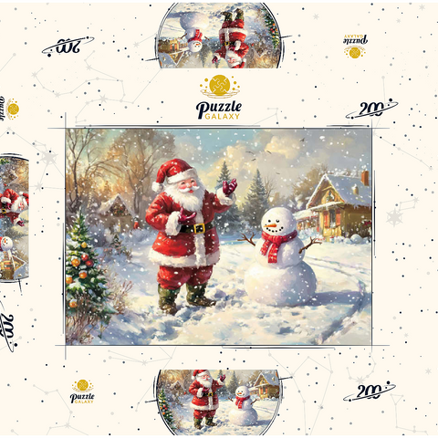 Darstellung des Puzzle Motivs Weihnachtsmann und Schneemann in Winterszenerie Santa Claus and Snowman in Winter Scene 200 Puzzle Schachtel 3D Modell