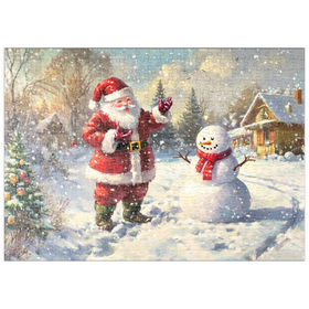 Darstellung des Puzzle-Motivs Weihnachtsmann und Schneemann in Winterszenerie – Puzzleteile: 500