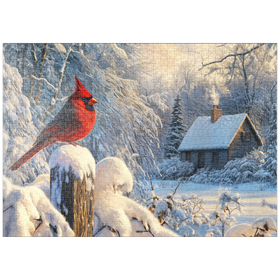 Darstellung des Puzzle Motivs Nördlicher Kardinal in verschneiter Winterlandschaft - Puzzleteile: 1000