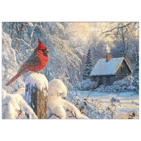 Darstellung des Puzzle Motivs Nördlicher Kardinal in verschneiter Winterlandschaft - Puzzleteile: 500