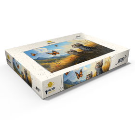 Darstellung des Puzzle Motivs Kätzchen beobachten Schmetterlinge auf der sonnigen Wiese - Puzzleteile: 1000