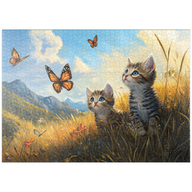 Darstellung des Puzzle Motivs Kätzchen beobachten Schmetterlinge auf der sonnigen Wiese - Puzzleteile: 1000