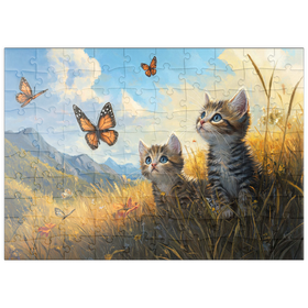 Darstellung des Puzzle Motivs Kätzchen beobachten Schmetterlinge auf der sonnigen Wiese - Puzzleteile: 100