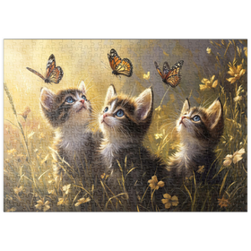 Darstellung des Puzzle Motivs Drei Kätzchen, die Monarchfalter beobachten - Puzzleteile: 500