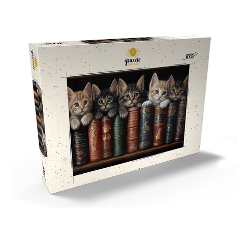 Darstellung des Puzzle Motivs Entzückende Kätzchen inmitten von alten Büchern Adorable Kittens Nestled Among Vintage Books 1000 Puzzle Schachtel Ansicht2