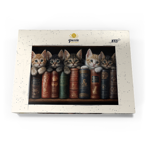 Darstellung des Puzzle Motivs Entzückende Kätzchen inmitten von alten Büchern Adorable Kittens Nestled Among Vintage Books 1000 Puzzle Schachtel Ansicht3