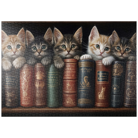 Darstellung des Puzzle-Motivs Entzückende Kätzchen inmitten von alten Büchern – Puzzleteile: 1000