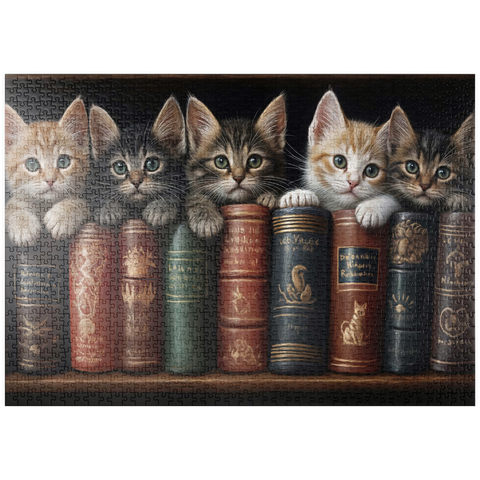 Darstellung des Puzzle Motivs Entzückende Kätzchen inmitten von alten Büchern puzzleplate Adorable Kittens Nestled Among Vintage Books 1000 Puzzle