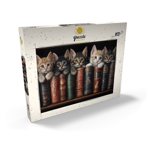 Darstellung des Puzzle Motivs Entzückende Kätzchen inmitten von alten Büchern Adorable Kittens Nestled Among Vintage Books 100 Puzzle Schachtel Ansicht2