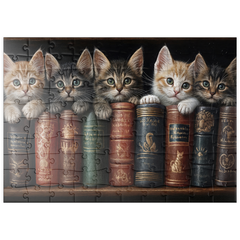 Darstellung des Puzzle Motivs Entzückende Kätzchen inmitten von alten Büchern puzzleplate Adorable Kittens Nestled Among Vintage Books 100 Puzzle