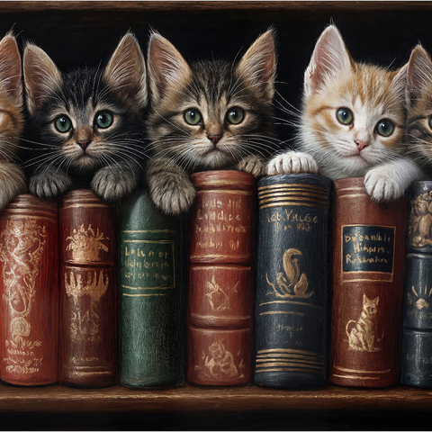 Darstellung des Puzzle Motivs Entzückende Kätzchen inmitten von alten Büchern Adorable Kittens Nestled Among Vintage Books 100 Puzzle 3D Modell