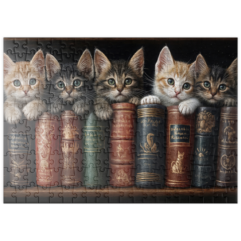 Darstellung des Puzzle Motivs Entzückende Kätzchen inmitten von alten Büchern puzzleplate Adorable Kittens Nestled Among Vintage Books 200 Puzzle