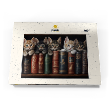 Darstellung des Puzzle Motivs Adorable Kittens Nestled Among Vintage Books 500 Puzzle Schachtel Ansicht3