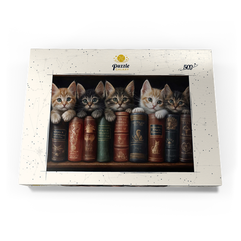 Darstellung des Puzzle Motivs Entzückende Kätzchen inmitten von alten Büchern Adorable Kittens Nestled Among Vintage Books 500 Puzzle Schachtel Ansicht3