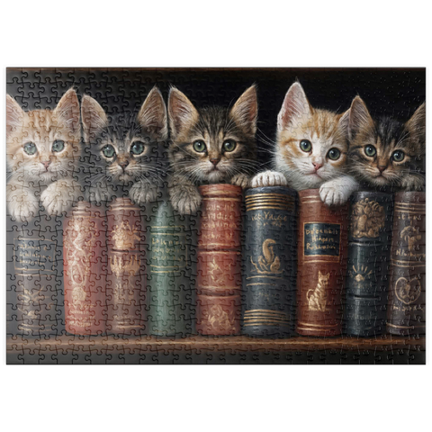 Darstellung des Puzzle Motivs Entzückende Kätzchen inmitten von alten Büchern puzzleplate Adorable Kittens Nestled Among Vintage Books 500 Puzzle