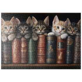 Darstellung des Puzzle Motivs Entzückende Kätzchen inmitten von alten Büchern - Puzzleteile: 500