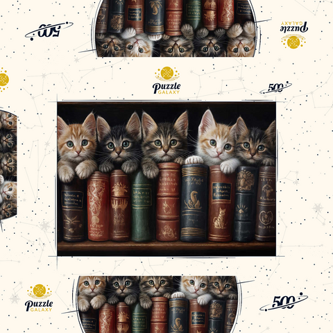 Darstellung des Puzzle Motivs Entzückende Kätzchen inmitten von alten Büchern Adorable Kittens Nestled Among Vintage Books 500 Puzzle Schachtel 3D Modell