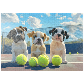 Darstellung des Puzzle-Motivs Bezaubernde Welpen spielen mit Tennisbällen – Puzzleteile: 1000