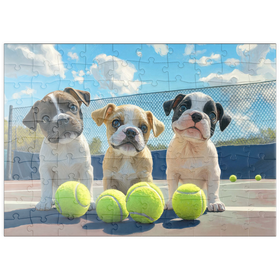 Darstellung des Puzzle Motivs Bezaubernde Welpen spielen mit Tennisbällen - Puzzleteile: 100