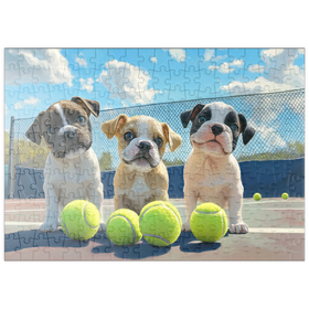 Darstellung des Puzzle Motivs Bezaubernde Welpen spielen mit Tennisbällen - Puzzleteile: 200