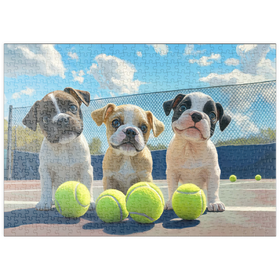 Darstellung des Puzzle Motivs Bezaubernde Welpen spielen mit Tennisbällen - Puzzleteile: 500