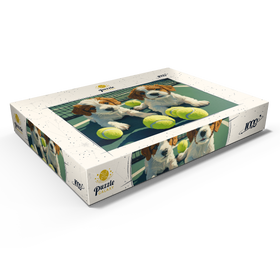 Alternative Darstellung des Puzzle-Motivs Niedliche Welpen mit Tennisbällen auf dem Platz – Puzzleteile: 1000
