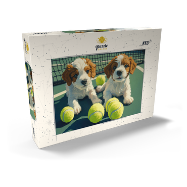 Darstellung des Puzzle Motivs Cute Puppies with Tennis Balls on Court 1000 Puzzle Schachtel Ansicht2
